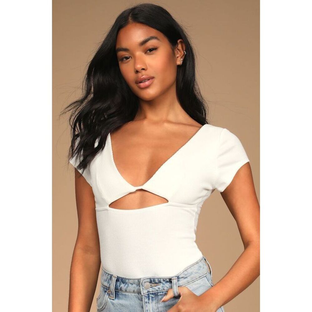 Lulus So Sunny Ivory Ribbed Cutout Short Sleeve Bodysuit White - Size M